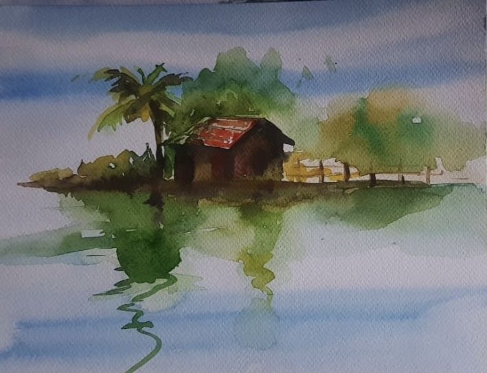 Small island hut with palm tree